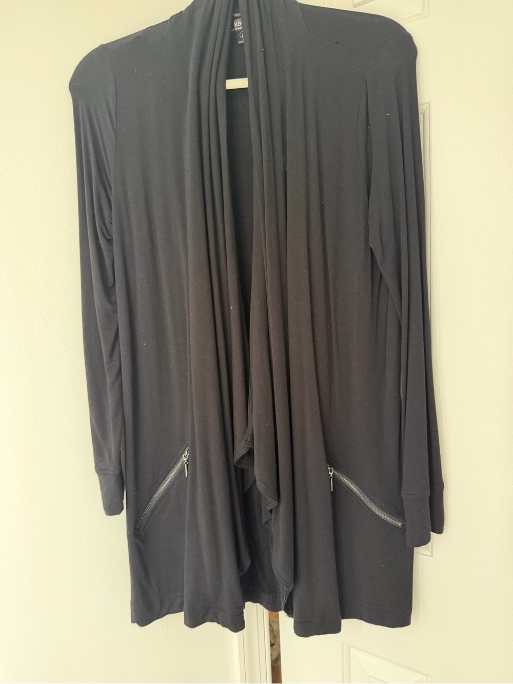 Black Drape Front Cardigan with Zip Pockets. Designer new